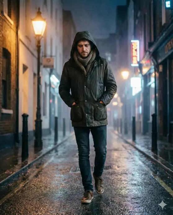 Create a cinematic rainy portrait of a man walking alone on a narrow city street, slightly hunched posture to shield from rain, wearing a hooded coat, scarf, slim jeans, and sneakers, hands in pockets, introspective expression, rain mist in the air, glowing street lamps, shallow depth of field, film-style color grading. Use aspect ratio 4:5.