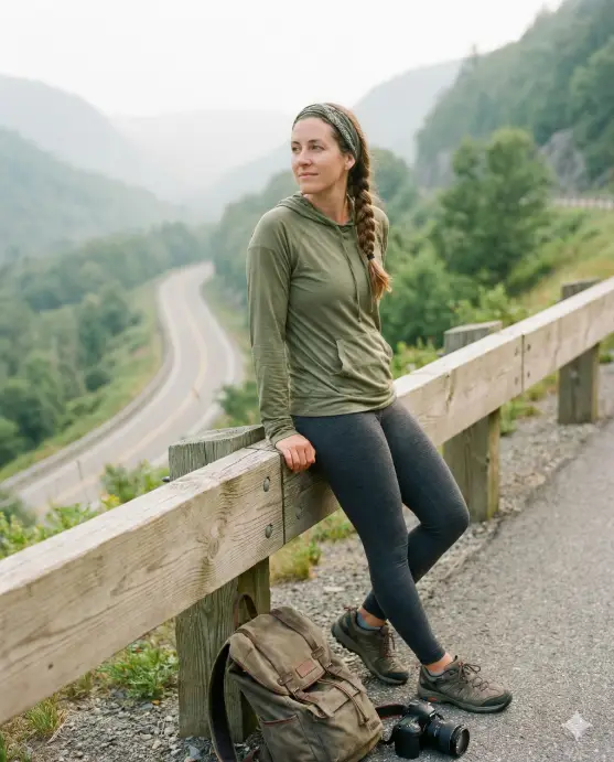Create a detailed road trip photo of an adult woman leaning against a roadside railing overlooking a valley, upright relaxed posture with both hands resting on the railing, wearing a lightweight hoodie, fitted leggings, hiking shoes, hair braided loosely, peaceful contemplative expression, winding road visible below, soft diffused daylight, gentle haze in the distance, natural green tones, realistic adventure photography look. Use aspect ratio 4:5.