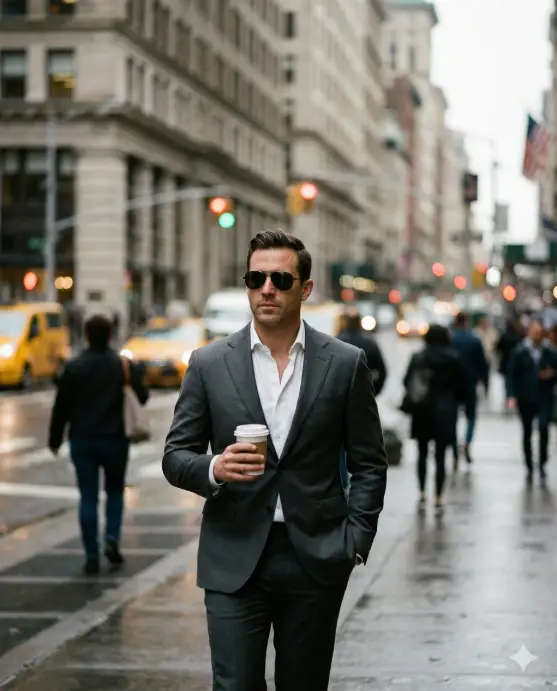 Create a cinematic street-style portrait of a confident, well-dressed man walking through a busy city street during daytime. He is captured mid-stride, moving directly toward the camera with a calm, assertive presence. One hand rests casually in his trouser pocket while the other holds a takeaway coffee cup, reinforcing an effortless, modern professional lifestyle. He has neatly styled dark hair, a well-groomed short beard, and wears dark aviator-style sunglasses that add mystery and authority. His expression is serious yet composed. He is dressed in a tailored charcoal-grey suit with a crisp white dress shirt worn slightly open at the collar, creating a refined but relaxed executive look. A luxury wristwatch and subtle bracelet are visible, adding understated sophistication. The background features an urban city street with pedestrians and classic architecture softly blurred into creamy bokeh, emphasizing motion and depth. Traffic lights and street details appear as soft circles of color, enhancing the cinematic atmosphere. Lighting is natural and diffused, as if shot on an overcast day, producing soft shadows and realistic skin tones. Depth of field is shallow, keeping the subject sharply in focus while the city fades into an elegant blur. Use aspect ratio 4:5.
