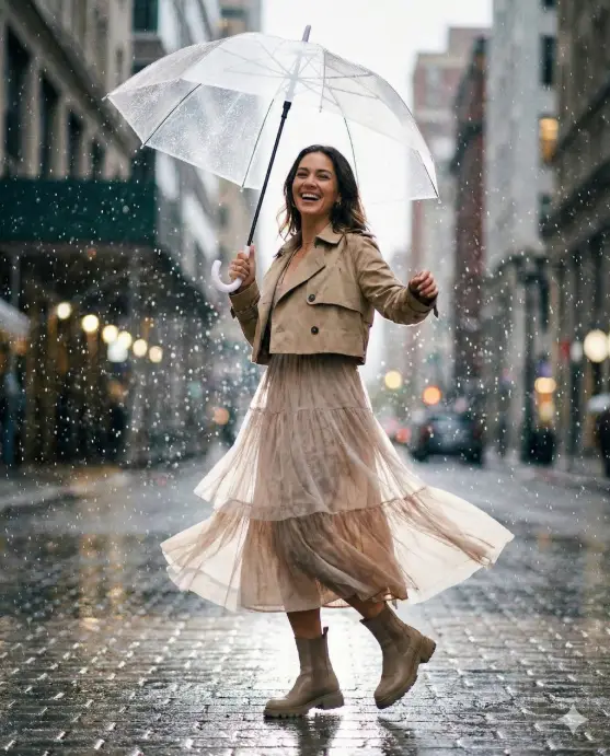 Create a fashionable rainy day photo of a woman twirling an umbrella mid-motion, dynamic playful posture, wearing a flowing dress layered with a cropped jacket and boots, joyful natural smile, rain droplets captured sharply, soft background blur of city buildings, bright yet moody tones, Instagram lifestyle photography style. Use aspect ratio 4:5.