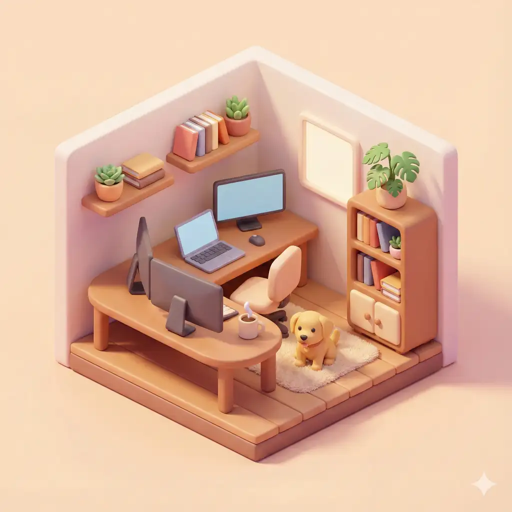 Create a cute 3D isometric illustration of a cozy home office workspace from a classic three-quarter top-down isometric angle, designed in a soft, playful miniature style inspired by trendy social media artwork. The scene uses smooth 3D forms with rounded edges, simplified shapes, and slightly exaggerated proportions, featuring a clay-like or soft plastic look with pastel or gently saturated warm colors and subtle gradients. Lighting is soft and diffused from above and slightly to one side, producing clean highlights and gentle shadows. Include a wooden desk, dual monitors, a laptop, a coffee mug, bookshelves, potted plants, a soft rug, and a small dog arranged neatly with clear spacing and visual balance, using minimal, polished textures for a modern feel. Keep the background simple with a minimal isometric room so the focus stays on the subject. The overall mood should feel cozy, friendly, and joyful, rendered in high quality with smooth edges, no noise, no realism, no complex textures, and no flat illustration style. Use aspect ratio 1:1.