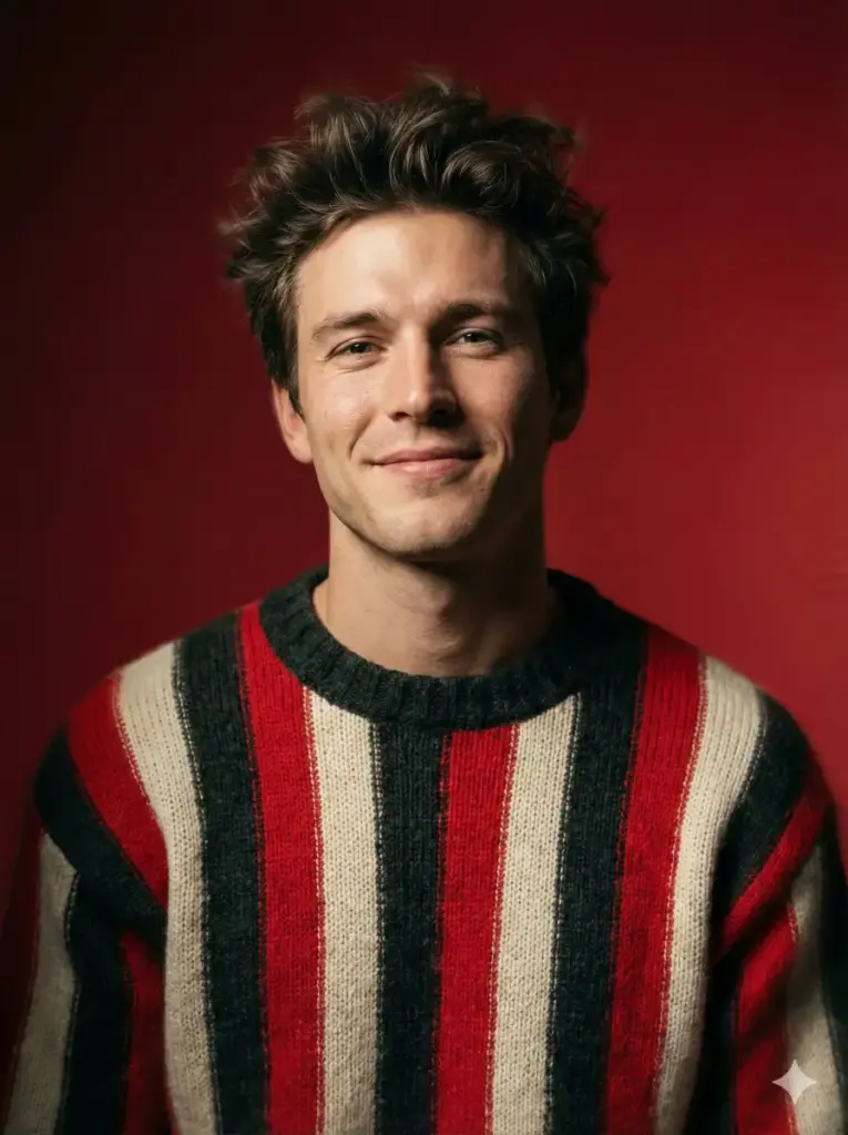 Create a striking studio portrait of a young adult man framed from the chest up, facing the camera with a relaxed, confident smile. His hair is slightly messy and natural, adding character and movement. He wears a bold knit sweater with vertical stripes in red, cream, and dark tones, creating strong visual contrast. Dramatic directional lighting illuminates his face, producing crisp highlights and soft shadows while keeping skin tones natural. The background is a deep red backdrop enhanced with a subtle radial motion blur effect that radiates outward, adding energy without distracting from the subject. The face remains sharp and in clear focus while the edges of the frame carry gentle motion blur. The image features high detail, realistic texture, controlled contrast, and a polished editorial color grade. Photorealistic studio portrait photography, bold styling, dynamic background effect, sharp subject focus, no flat lighting, aspect ratio 3:4.