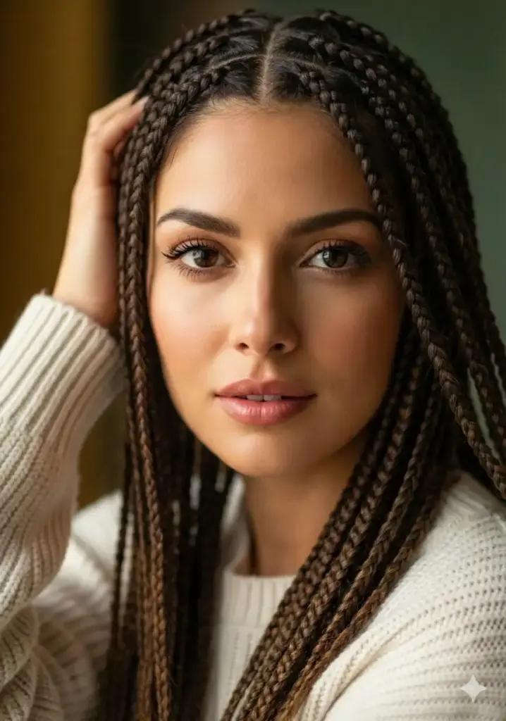 Transform this woman's hairstyle into long box braids. Create neat, square-sectioned braids throughout her entire head, each braid uniform in size (medium thickness). The braids should extend to waist length or longer, styled hanging loose. Ensure clean, precise parts between each braid and tight, well-executed braiding technique from root to tip. The color can be natural or include subtle ombre effects. The overall look should be protective, stylish, and beautifully maintained.