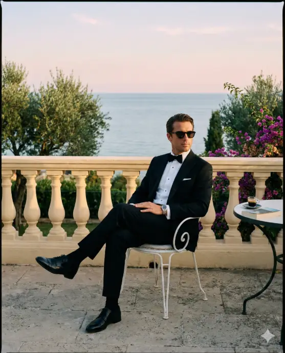 Create a refined, cinematic portrait of a sophisticated man seated outdoors on a classic terrace overlooking a calm sea. He sits confidently on a white wrought-iron chair with one leg crossed over the other, body relaxed yet poised, conveying quiet power, wealth, and self-assurance. He has neatly styled dark hair, a well-groomed beard, and wears dark, minimal sunglasses that add an air of mystery and refinement. His outfit is formal and impeccable: a tailored black tuxedo with a crisp white dress shirt and a black bow tie, paired with polished black dress shoes and a luxury wristwatch. The setting is an elegant Mediterranean-style terrace with a cream-colored balustrade, stone flooring, and subtle greenery framing the scene. A small round table sits nearby, reinforcing a refined leisure atmosphere. Beyond the terrace, the ocean stretches into the distance under a soft, pastel sky. Lighting is natural and warm, suggestive of early morning or golden-hour sunset, casting gentle highlights on the suit and soft shadows across the architecture. The color palette is restrained and luxurious: black and white tailoring contrasted against warm stone tones, pale blues, and soft coastal light. Use aspect ratio 4:5.