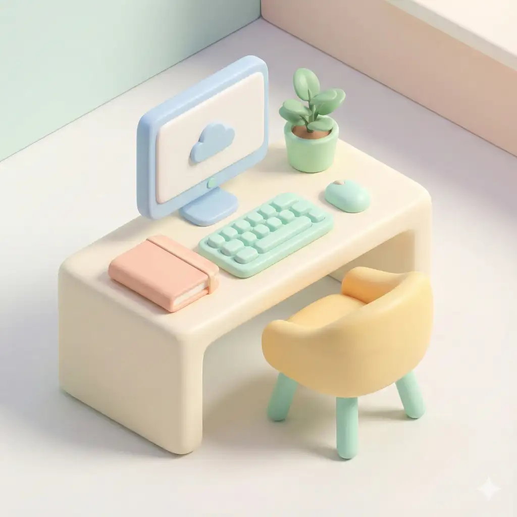 Create a cute 3D isometric illustration of a minimal workstation from a classic three-quarter top-down isometric angle, designed in a soft, playful miniature style inspired by trendy social media artwork. The scene uses smooth 3D forms with rounded edges, simplified shapes, and slightly exaggerated proportions, featuring a clay-like or soft plastic look with soft neutral pastel colors and subtle gradients. Lighting is soft and diffused from above and slightly to one side, producing clean highlights and gentle shadows. Include a clean desk, single monitor, keyboard, mouse, notebook, chair, and small plant arranged neatly with clear spacing and visual balance, using minimal, polished textures for a modern feel. Keep the background simple with a minimal isometric room so the focus stays on the subject. The overall mood should feel cozy, friendly, and joyful, rendered in high quality with smooth edges, no noise, no realism, no complex textures, and no flat illustration style. Use aspect ratio 1:1.