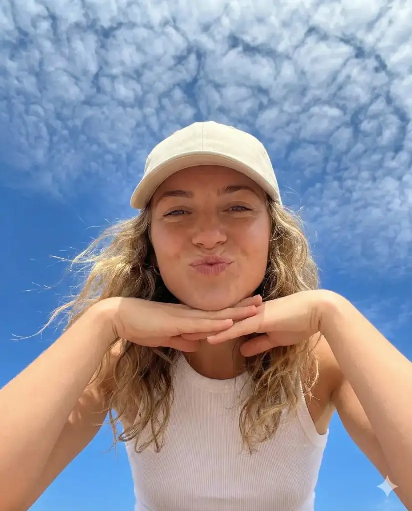 Create a photorealistic lifestyle portrait of a young woman captured from a low-angle perspective against a vivid blue sky filled with soft, wispy clouds. She leans slightly forward toward the camera, resting her chin gently between both hands, with elbows close together, creating a playful and charming pose. Her lips are softly puckered, and her expression feels lighthearted, relaxed, and confident. She wears a light-colored baseball cap with minimal detailing and a sleeveless casual top, giving the scene a fresh, outdoorsy summer vibe. Her hair is loose and slightly wind-swept, adding natural movement and authenticity. Use bright natural daylight with clean highlights and soft shadows, realistic skin texture, true-to-life colors, and sharp focus. The background sky should be fully filled with clouds, no empty or flat areas, and no visual artifacts. The overall mood should feel carefree, youthful, and spontaneous, like a candid moment captured outdoors. Aspect ratio 4:5.