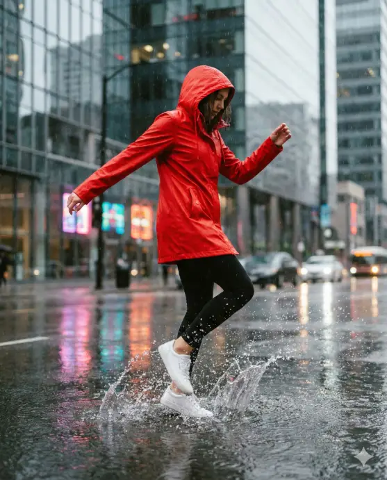 Create an artistic photograph of a woman in a vibrant red raincoat with the hood up, walking through a rain-soaked urban street. She's captured mid-stride with one foot splashing through a shallow puddle, creating a dynamic splash effect. She wears black leggings and white sneakers. Her posture is energetic and purposeful, with arms swinging naturally. The background features modern glass buildings with rain sliding down their surfaces, and colorful reflections in the wet pavement. The scene has rich contrast between the bright raincoat and the muted gray environment. Use aspect ratio 4:5.