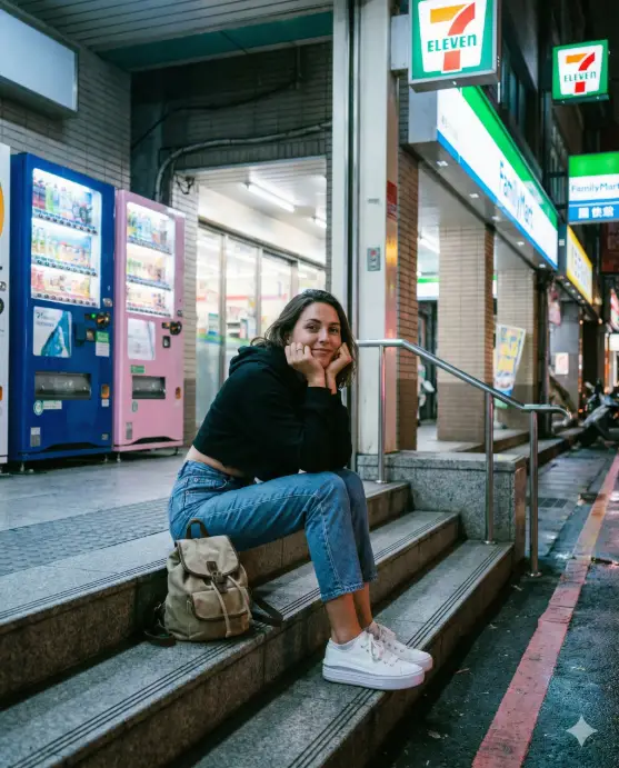 Create a photograph of a solo female traveler sitting on the steps of a closed metro station entrance at 2am, surrounded by the glow of vending machines and convenience store signs. She wears high-waisted vintage jeans, a cropped black hoodie, and pristine white platform sneakers. A small backpack rests beside her. Her elbows rest on her knees, chin propped on her hands, gazing ahead with a peaceful, tired smile. The scene conveys urban solitude and freedom. Mixed lighting creates a palette of electric blue, soft pink, and warm yellow. Use aspect ratio 4:5.