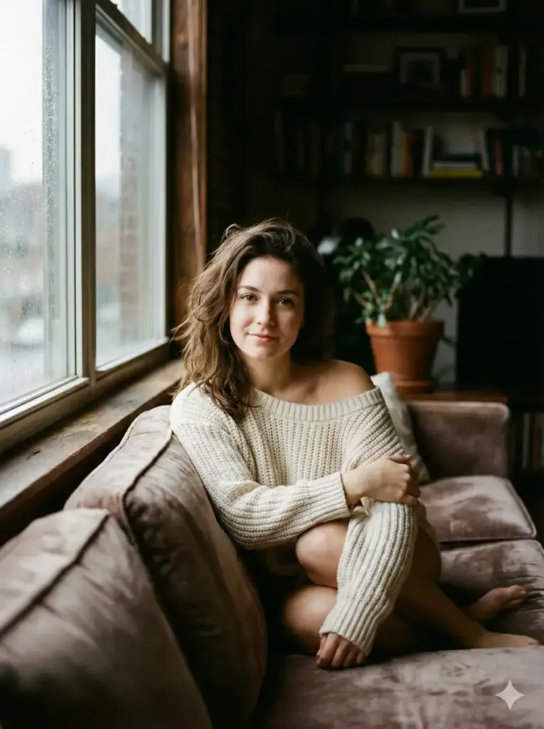 Create an intimate indoor lifestyle portrait of a young adult woman seated beside a window on a soft sofa. She leans comfortably into the corner, arms folded gently around herself, creating a relaxed and emotionally warm pose. Her expression is calm and subtly smiling, with soft eye contact directed toward the camera. Natural window light illuminates her face from one side, producing gentle highlights and smooth shadows across her skin. She wears a cozy, textured knit sweater in a light neutral tone, styled loosely with bare shoulders for a natural, intimate feel. Her hair is worn down and softly styled, framing her face without precision. The background fades into darkness with subtle foreground blur, creating depth and a cinematic vignette. The image features shallow depth of field, realistic skin tones, soft contrast, organic grain, and a warm, moody color grade. Photorealistic, editorial lifestyle photography, natural light only, emotionally grounded, no harsh lighting, no artificial glow, aspect ratio 3:4.