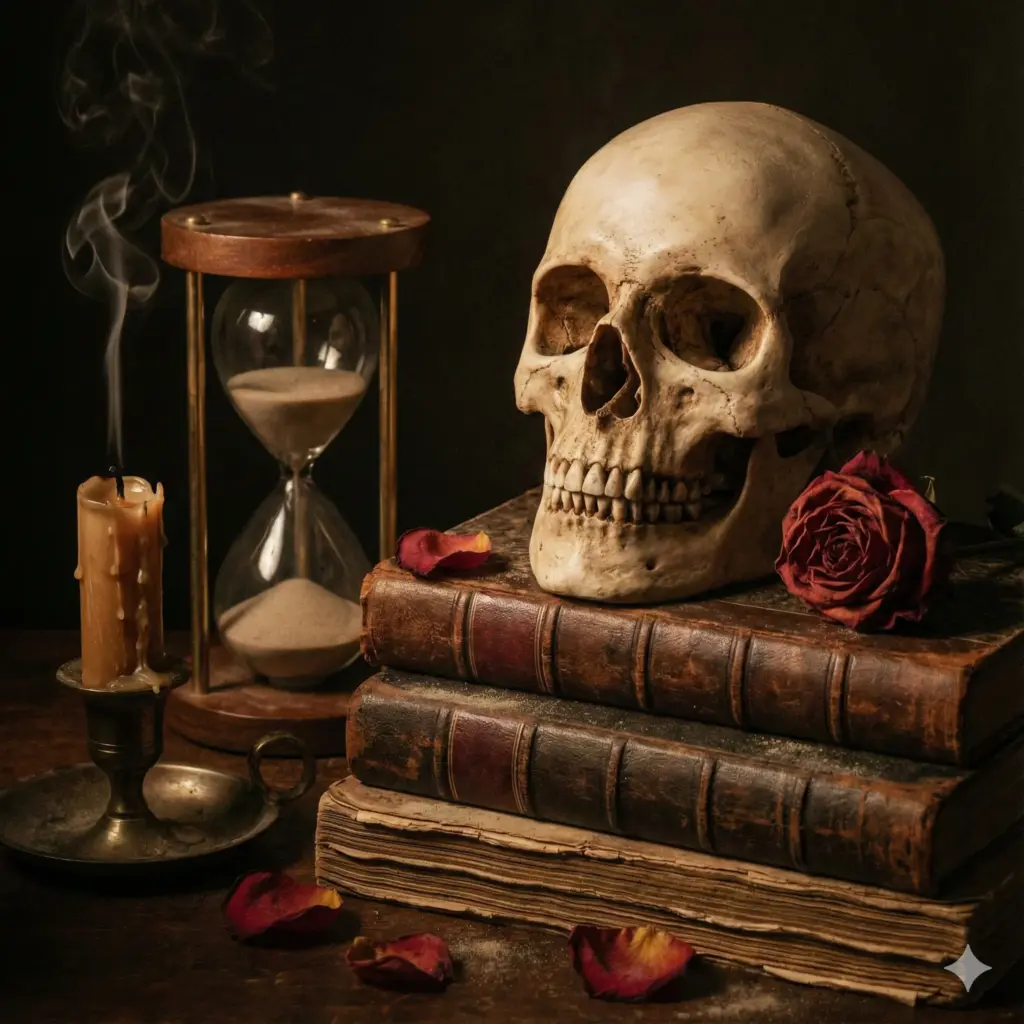 Create a moody "Vanitas" style still life photo featuring an anatomical human skull resting on a stack of dusty, leather-bound books. Place an hourglass with the sand nearly run out and a burnt-down candle with a wisp of smoke rising next to it. Incorporate a wilted red rose with fallen petals. The lighting should be dim and warm, resembling candlelight, creating a mysterious and gothic atmosphere. High contrast, intricate textures of bone and paper. Use aspect ratio 1:1.