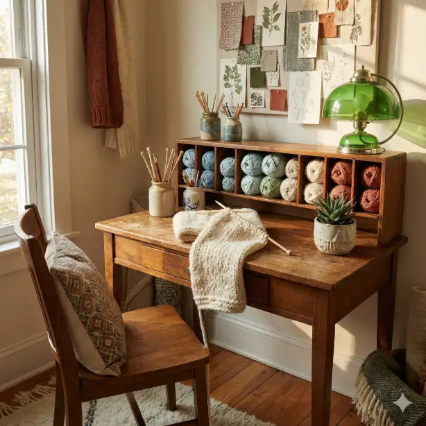 Create a creative and cozy craft corner featuring a vintage wooden desk with cubbies filled with yarn balls in soft pastels and earth tones, ceramic jars holding knitting needles and crochet hooks, work-in-progress knitted scarf in chunky cream wool, small potted succulent in a handmade ceramic planter, vintage desk lamp with green glass shade casting warm focused light, inspiration board on the wall with fabric swatches and botanical prints pinned up, wooden chair with a small cushion, warm afternoon light streaming through a nearby window mixing with the lamp glow, shot at a three-quarter angle capturing the creative workspace, inspiring and homey maker atmosphere with warm wood, soft pastels, cream, and touches of vintage green. Use aspect ratio 1:1.