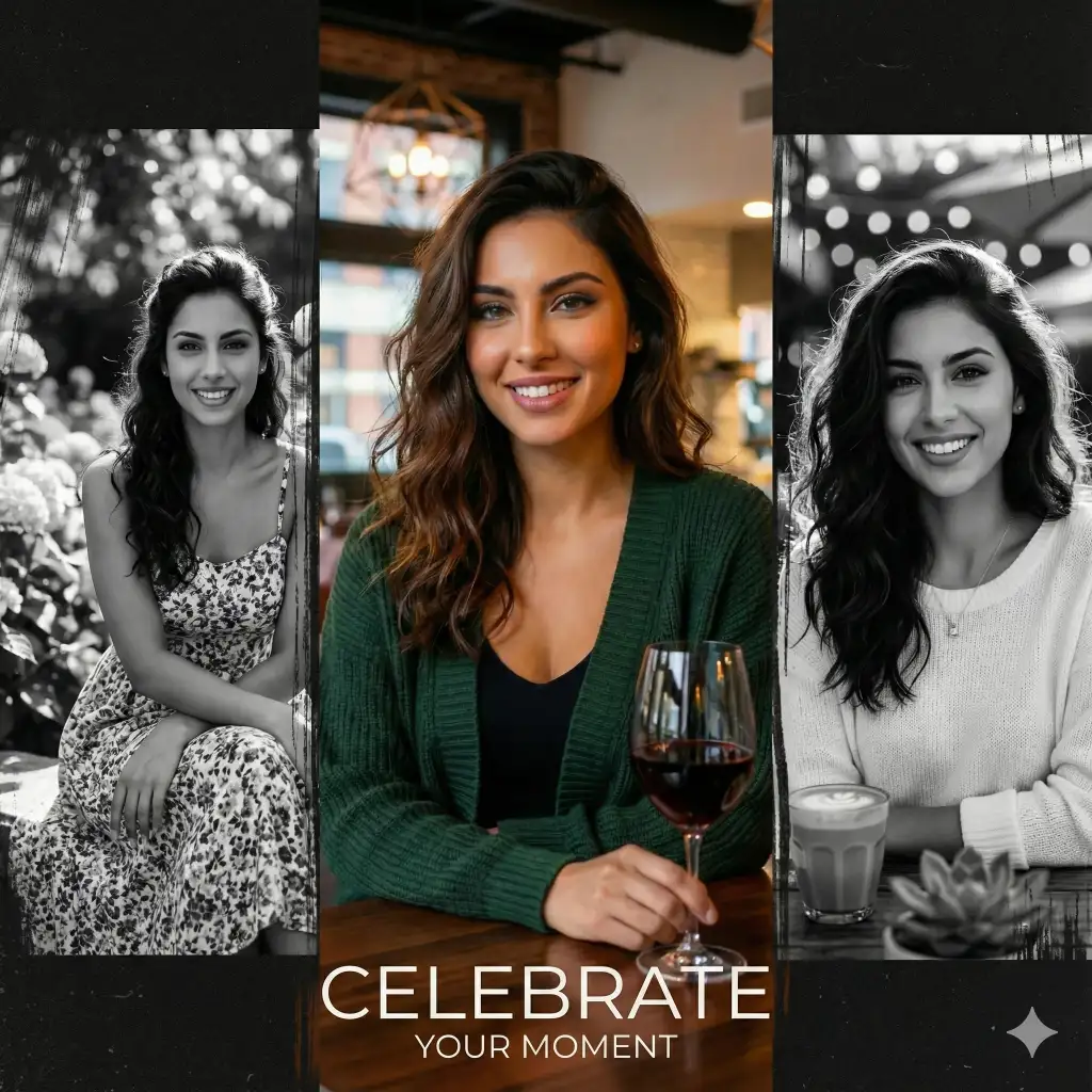 Create a bold celebratory collage with a strong central portrait and two monochrome supporting images on either side. Use high contrast lighting and clean textures for a confident, poster-style look. Add subtle brush strokes and light grain for drama. Keep typography minimal and elegant, focusing on the subject's presence. The final result should feel powerful and share-ready. Aspect ratio 1:1.