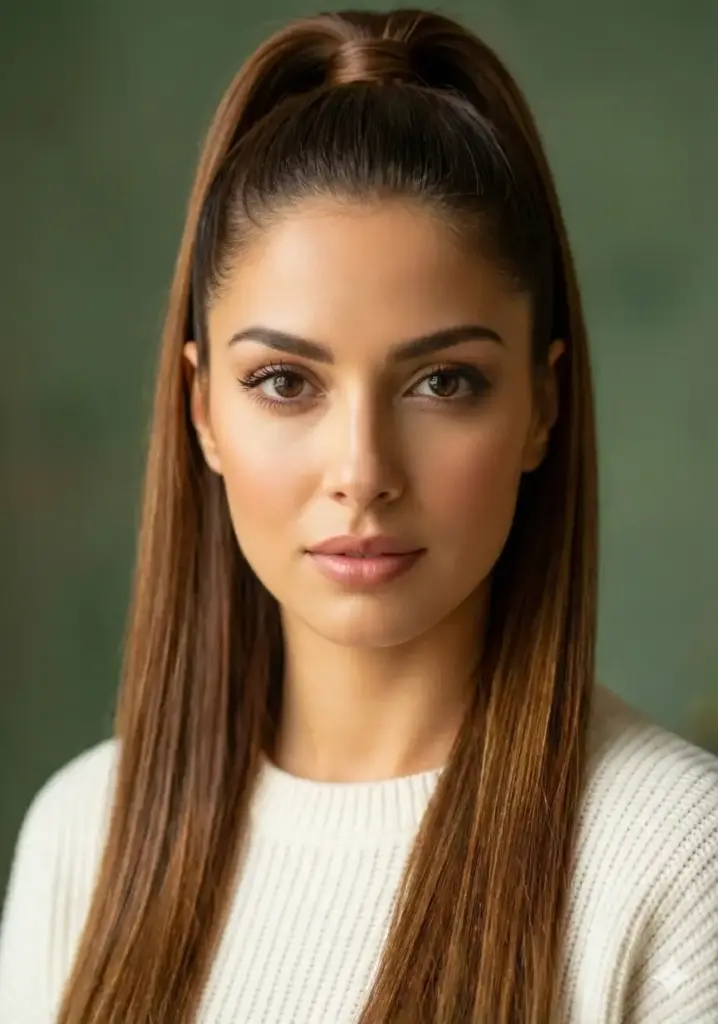 Style this woman's hair into a sleek, high ponytail positioned at the crown of her head. Smooth all hair back tightly from the face and sides, securing it high up. The ponytail should be long, straight, and glossy, hanging down past her shoulders. Wrap a small section of hair around the elastic to conceal it. The style should look polished, elegant, and pull the face upward for a lifted appearance.