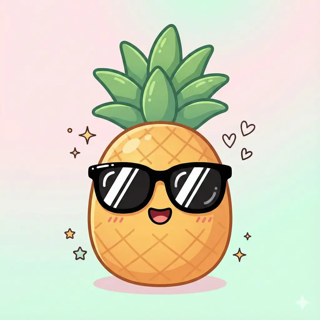 Create a cute, stylized cartoon pineapple character centered on a soft, light pastel background. The pineapple has a rounded, compact body with a warm golden-yellow color and simple diamond-pattern texture etched lightly across its surface. At the top, a crown of chunky green leaves fans upward, with smooth shapes and gentle shading. The pineapple wears oversized black sunglasses with glossy highlights, giving it a cool, confident personality. Its face is cheerful and expressive: a wide open smile, tiny blush marks on its cheeks, and a joyful, friendly vibe. Small sparkle icons and star-like doodles float around the character, enhancing the fun, energetic mood. The illustration uses bold, clean outlines, flat-to-soft shading, and a bright, kawaii-inspired aesthetic. Use 1:1 aspect ratio.