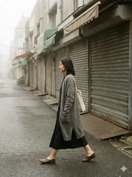 Create a cinematic street photography image of a woman walking past a row of shuttered shops early in the morning, captured from the side as she walks with steady posture and arms relaxed, wearing a long cardigan layered over a plain dress, flat shoes, and a tote bag hanging from one shoulder, neutral expression, empty street atmosphere, soft diffused daylight, clean compositions, muted colors, realistic lighting, and an unposed everyday realism. Use aspect ratio 3:4.