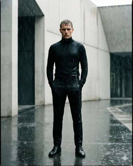 Create a sophisticated image of a man in all-black attire standing in heavy rain without an umbrella, completely unbothered. He wears a black turtleneck, black trousers, and polished black dress shoes. His short hair is soaked and slicked back. He stands with perfect posture, hands in pockets, staring intensely at the camera with a serious expression. The background shows a minimalist urban environment with geometric architecture. Rain creates dramatic streaks across the frame, and water droplets are visible on his clothing and face. Use aspect ratio 4:5.