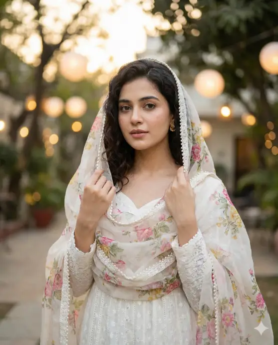 Create a cinematic outdoor portrait of a young woman wearing a traditional white embroidered outfit, standing gracefully in a softly lit garden or courtyard setting. She gently holds the edges of her delicate dupatta (veil) near her face, framing her features with an elegant, poised gesture. Her expression is calm, introspective, and quietly powerful, with direct yet soft eye contact toward the camera. She has smooth, glowing skin and natural, romantic makeup. Her dark hair is worn loose beneath the veil, parted naturally. The dupatta is richly detailed with intricate white lace, pearl accents, and colorful floral embroidery in pink, green, and yellow, adding depth and craftsmanship to the scene. Her outfit is traditional and refined, flowing white fabric layered with ornate embroidery and lacework that catches the light beautifully. Small jewelry details enhance the elegance without overpowering the look. The background is softly blurred with warm bokeh lights and hints of greenery, suggesting an intimate outdoor environment during golden hour or early evening. Lighting is soft and diffused, highlighting facial contours and textures of fabric while maintaining a dreamy, cinematic glow. Subtle depth of field and gentle color grading create a timeless, romantic atmosphere. Use 4:5 aspect ratio.