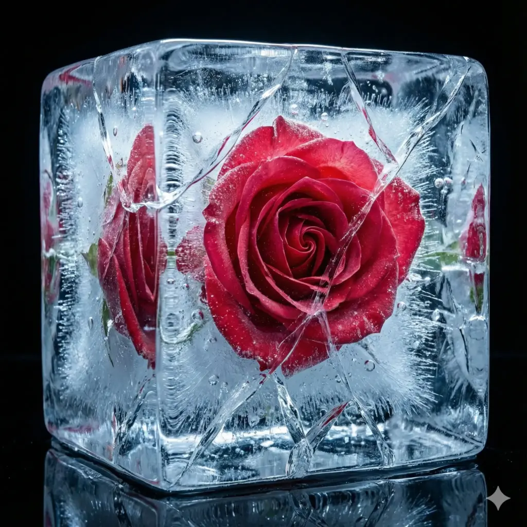 Create a stunning, conceptual still life photograph of a vibrant red rose fully suspended inside a block of clear, cracked ice. The ice should feature realistic imperfections like trapped air bubbles, frost patterns, and jagged internal fractures. Place the ice block on a sleek, black reflective surface. Utilize cool-toned backlighting to make the rose appear to glow faintly from within the ice, while sharp rim lighting highlights the cold, hard edges of the frozen block. The visual contrast between the soft, organic flower and the brittle ice should be the focal point. Macro photography style, 8k resolution, razor-sharp focus. Use aspect ratio 1:1.