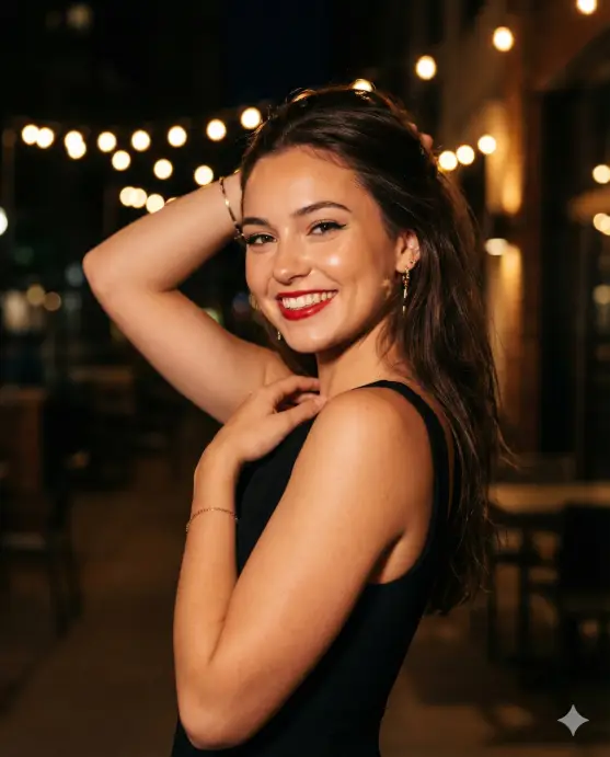 Create a cinematic nighttime portrait of a young woman posed against a dark, softly blurred background illuminated by warm string lights. She is captured in a playful, elegant moment, one arm lifted to her hair while the other rests near her collarbone, creating a graceful, flattering pose. She smiles brightly toward the camera, radiating confidence, charm, and joy. She has long, dark brown hair styled smooth with gentle volume, swept back from her face. Her makeup is polished and evening-ready: glowing skin with a dewy highlight, defined brows, winged eyeliner, and bold red lipstick that stands out beautifully against the low-light setting. She wears a sleeveless black evening dress with a clean, minimal silhouette, allowing her expression and makeup to take center stage. Subtle jewelry accents add elegance without distraction. The background features soft, out-of-focus fairy lights forming circular bokeh, creating a festive, romantic atmosphere. Lighting is warm and directional, highlighting her face and shoulders while the background fades into darkness. The image has a cinematic feel with shallow depth of field, soft contrast, and a touch of night-time glamour. Use 4:5 aspect ratio.