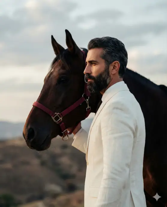 Create a powerful, cinematic portrait featuring a distinguished man standing closely beside a majestic horse. The composition is tightly framed from the chest up, placing the man and the horse side by side, their profiles aligned as they both gaze into the distance, creating a sense of unity, strength, and purpose. The man has neatly styled dark hair with volume, a well-groomed beard, and sharp, masculine features. His expression is calm, resolute, and contemplative. He is dressed in an elegant, tailored white suit with a refined texture, projecting sophistication, leadership, and quiet authority. The horse’s presence feels symbolic—power, passion, and nobility. The setting is an open, natural landscape with a soft, neutral sky and distant terrain, subtly blurred to keep focus on the subjects. Lighting is natural and directional, illuminating both faces with gentle highlights and soft shadows, enhancing textures in fabric, skin, and the horse’s coat. The color palette is intentionally dramatic: crisp whites, deep reds, warm skin tones, and muted earth tones, creating a luxury editorial aesthetic with surreal undertones. Use aspect ratio 4:5.