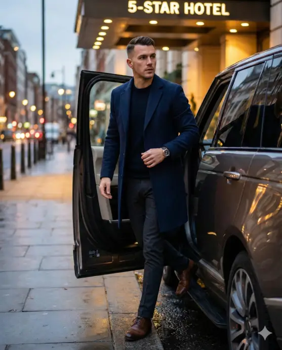 Create a luxury lifestyle photo of a man stepping out of a luxury SUV parked near a five-star hotel, confident mid-step posture with one foot on the pavement, wearing a tailored navy coat over a fitted sweater, slim trousers, luxury watch visible, clean haircut, focused expression, evening city lighting, subtle reflections on car surface, cinematic lifestyle photography, premium Instagram look. Use aspect ratio 4:5.