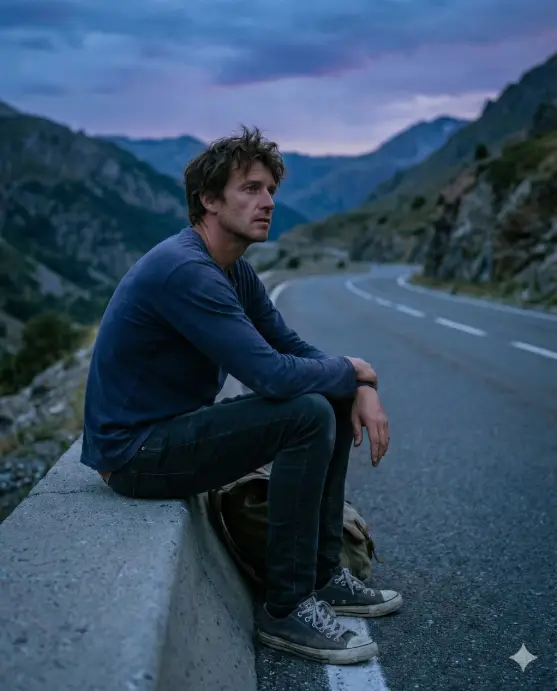 Create a detailed road trip photo of an adult man sitting on a roadside barrier, relaxed slouched posture with elbows resting on knees, wearing a casual long-sleeve t-shirt, slim jeans, worn sneakers, unstyled natural hair, reflective serious expression, quiet mountain road behind him, late evening blue hour lighting, cool tones, high-detail realistic travel photography. Use aspect ratio 4:5.
