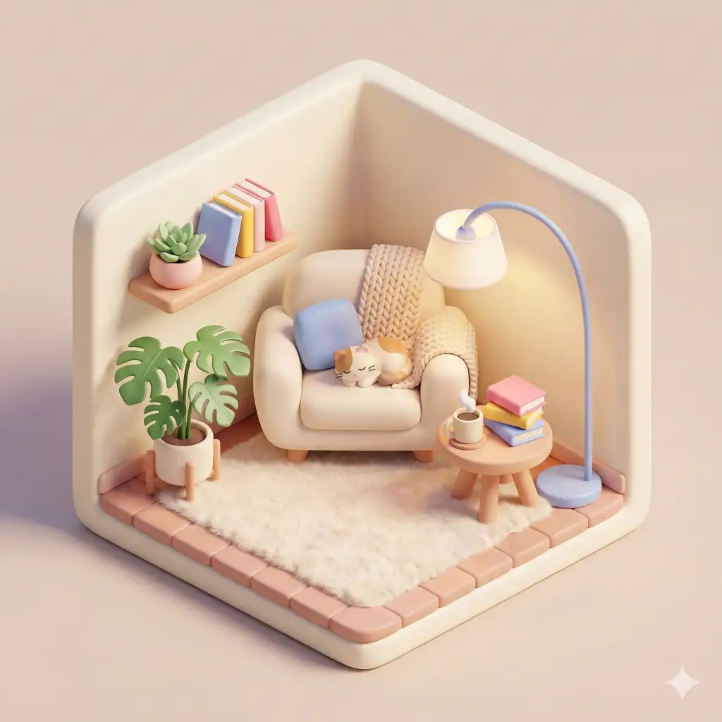 Create a cute 3D isometric illustration of a cozy reading nook from a classic three-quarter top-down isometric angle, designed in a soft, playful miniature style inspired by trendy social media artwork. The scene uses smooth 3D forms with rounded edges, simplified shapes, and slightly exaggerated proportions, featuring a clay-like or soft plastic look with pastel or gently saturated warm colors and subtle gradients. Lighting is soft and diffused from above and slightly to one side, producing clean highlights and gentle shadows. Include a comfortable chair, side table, coffee mug, stack of books, floor lamp, rug, and potted plants arranged neatly with clear spacing and visual balance, using minimal, polished textures for a modern feel. Keep the background simple with a minimal isometric room so the focus stays on the subject. The overall mood should feel cozy, friendly, and joyful, rendered in high quality with smooth edges, no noise, no realism, no complex textures, and no flat illustration style. Use aspect ratio 1:1.