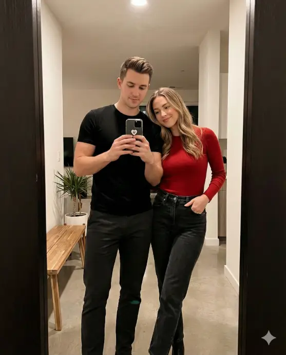 Create a stylish Valentine's Day mirror-style couple photo of a young adult man and young adult woman standing side by side in a modern apartment, the man holding the phone at chest level, the woman standing slightly closer to him with one hand in her pocket, the man wearing a fitted black t-shirt and trousers, the woman wearing a red fitted top with high-waisted jeans, clean makeup, sleek hair, camera straight-on mirror angle, soft indoor lighting, minimal interior, polished Instagram mirror photo aesthetic. Use aspect ratio 4:5.