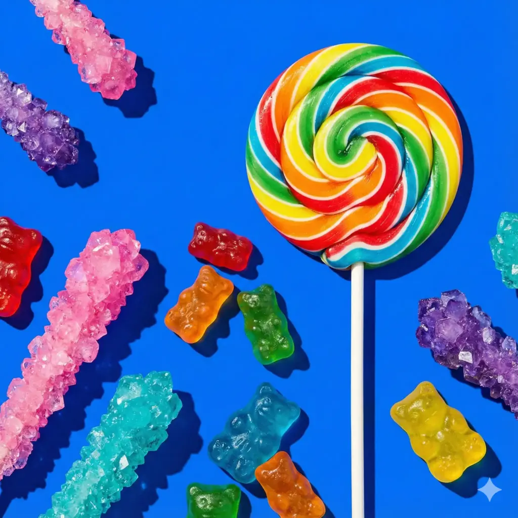 Create a playful, vibrant still life of an assortment of sweets arranged on a solid electric blue background. Include a swirl lollipop, scattered gummy bears in various colors, and hard rock candy crystals. Use harsh, high-contrast studio flash lighting to create sharp, defined shadows. Focus on the sugary textures, the translucency of the gummies, and the vivid colors. The style should be reminiscent of modern commercial pop art. Use aspect ratio 1:1.