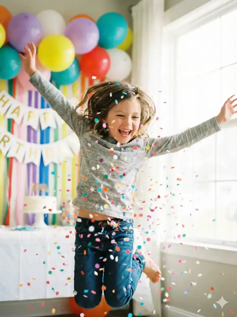 Create a lively birthday photo of a child jumping slightly in the air as colorful confetti rains down around them. The child's expression shows pure excitement and laughter, with motion frozen sharply. The background features a clean party setup with balloons and streamers, softly blurred for depth. Lighting is bright and joyful, capturing energy and movement without harsh shadows. Use aspect ratio 3:4.