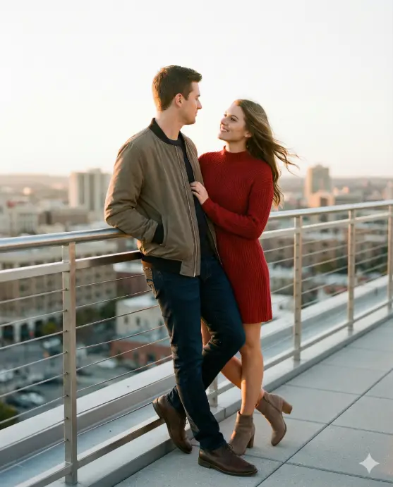 Create a modern Valentine's Day rooftop couple photo of a young adult man and young adult woman leaning against a railing, shoulders touching, the man looking out toward the city while the woman looks at him, the man wearing a bomber jacket with dark jeans, the woman wearing a red knit dress with ankle boots, wind gently moving hair, camera shot from a slight diagonal angle, late afternoon light, city skyline softly blurred, fashionable Instagram travel-style aesthetic. Use aspect ratio 4:5.