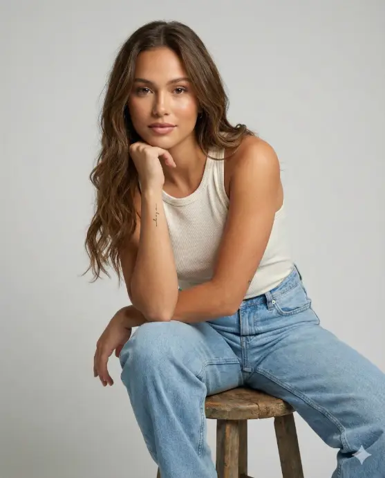 Create a realistic studio portrait of a young woman seated on a simple wooden stool against a clean, light gray seamless background. She is leaning slightly forward with a relaxed, confident posture, one elbow resting on her knee and her chin gently supported by her hand. Her expression is calm and engaging, with soft, natural eye contact directed toward the camera. She has long, thick, wavy brown hair cascading over one shoulder, styled naturally with subtle volume. Her makeup is minimal and refined—soft skin tones, lightly defined brows, neutral lips, and natural lashes. She wears small gold hoop earrings for a subtle accent. Her outfit is casual and modern: a fitted off-white ribbed tank top paired with light blue, loose-fit denim jeans. On her inner forearm, a small, delicate text tattoo is visible, adding a personal detail. Her skin tones are warm and evenly lit. Lighting is soft and diffused, studio-style, with gentle shadows that enhance facial structure without harsh contrast. The overall mood is intimate, natural, and editorial. Shot with a shallow depth of field for a professional portrait photography look, high resolution, realistic skin texture, and true-to-life color grading. Use aspect ratio 4:5.