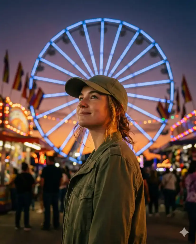 Create a photorealistic cinematic lifestyle portrait of a young woman standing at a lively fairground during dusk, captured from the waist up in a side profile as she looks upward with a soft, thoughtful smile. She wears a muted green jacket and a matching baseball cap, giving the scene a casual, modern street-style feel. Her hair falls naturally beneath the cap, catching warm ambient light from the surroundings. Behind her, a large illuminated Ferris wheel dominates the background, glowing with cool blue lights, while colorful carnival bulbs, flags, and moving crowds create a vibrant atmosphere rendered in soft bokeh. The sky transitions from warm sunset tones to deep blue evening hues, blending naturally with the lights. Lighting is cinematic and balanced, mixing warm highlights from the fairground with cooler ambient tones, preserving realistic skin texture and fabric detail. The overall mood is nostalgic, lively, and quietly magical, capturing a candid moment of wonder within a bustling night scene. High resolution, realistic lens depth, true-to-life colors, no distortion, no text, no artifacts. Aspect ratio 4:5.