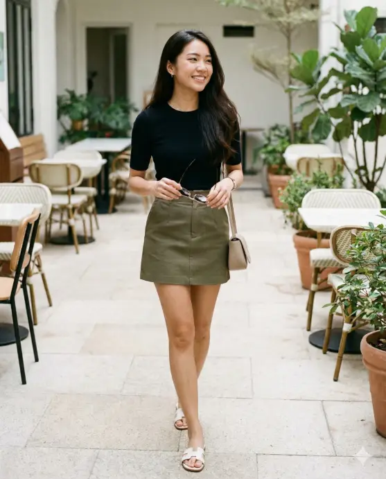 Create a bright, natural lifestyle portrait of a young woman walking confidently through an outdoor café or courtyard setting. She is captured mid-step, looking slightly to the side with a relaxed, genuine smile, creating a candid, everyday elegance. Her posture feels effortless and natural, as if caught in a quiet moment during a casual stroll. She has long, straight dark hair worn loose, flowing naturally as she walks. Her makeup is minimal and fresh. She wears a fitted black short-sleeve top paired with a high-waisted olive-green mini skirt, balancing simplicity with modern style. She holds a pair of sunglasses loosely in one hand and wears flat white sandals, emphasizing a comfortable, warm-weather look. A small neutral-toned shoulder bag rests at her side, completing the outfit. Accessories are subtle and understated, keeping the focus on her natural presence. The environment features light-colored stone flooring, café tables and chairs, and soft greenery in the background. The scene is evenly lit with natural daylight, creating soft shadows and true-to-life colors. The background is gently blurred, giving a shallow depth of field that highlights the subject while maintaining a realistic urban-lifestyle context. Use aspect ratio 4:5.