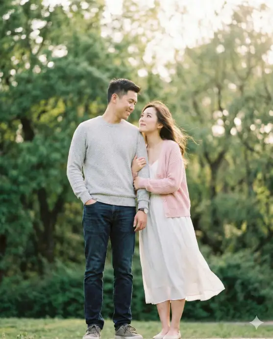 Create a soft romantic Valentine's Day outdoor couple photo of a young adult man and young adult woman standing close in a park, the man slightly turned toward the woman with one hand in his pocket, the woman holding his arm and leaning subtly toward him, the man wearing a light grey sweater with dark jeans and sneakers, the woman wearing a flowy white dress layered with a pastel cardigan, natural makeup with a fresh glow, hair gently moving in the breeze, camera shot at chest level for intimacy, soft diffused daylight, greenery blurred in the background, dreamy Instagram photography style. Use aspect ratio 4:5.
