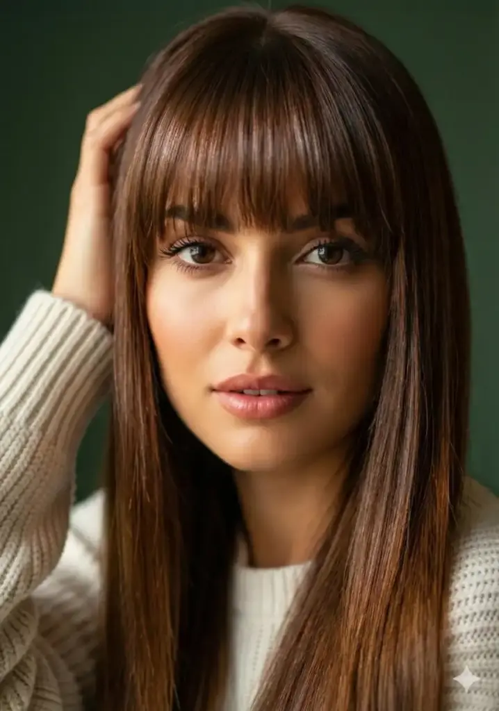 Transform her hairstyle to long, straight hair with blunt, eyebrow-grazing bangs. The hair should be sleek and straight, extending well past her shoulders. Cut thick, straight-across bangs that sit just above or at eyebrow level. Style everything smooth and glossy with minimal layers in the length. Keep her natural hair color with a high-shine finish. The look should be bold, dramatic, and fashion-forward.