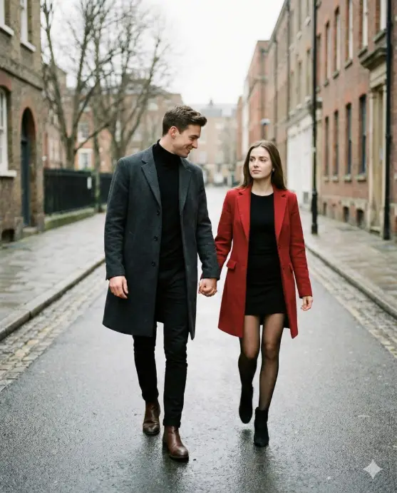 Create a stylish Valentine's Day street-style couple photo of a young adult man and young adult woman walking hand in hand on a quiet urban street, both mid-step with relaxed confident posture, the man looking slightly down toward the woman while smiling, the woman looking ahead with a calm expression, the man wearing a long charcoal overcoat, black turtleneck, slim trousers, leather boots, the woman wearing a red tailored coat over a black mini dress with sheer tights and ankle boots, camera angled slightly from the side to capture movement, soft overcast daylight, shallow depth of field, subtle motion blur, fashionable Instagram editorial aesthetic. Use aspect ratio 4:5.