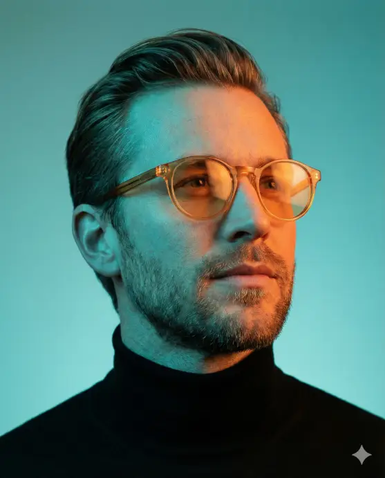 Create a striking, futuristic close-up portrait of a man captured from the shoulders up, facing slightly upward and off to the side, as if gazing toward a distant light source. His expression is calm, confident, and introspective, projecting modern sophistication and quiet intensity. He has neatly styled medium-length hair swept back with volume and a well-groomed short beard. He wears round, translucent-frame glasses with warm amber/orange tinted lenses that glow vividly under the lighting, becoming the visual focal point of the image. The lighting is highly stylized and cinematic: cool teal-blue light washes across one side of the face and background, while warm orange light illuminates the opposite side, creating a dramatic color-contrast effect. The interplay of warm and cool tones sculpts the facial features and adds depth and futuristic atmosphere. He wears a minimalist black turtleneck or high-collar top, reinforcing a sleek, modern, fashion-forward aesthetic. The background is smooth and seamless, fading into rich teal tones with no visible texture or distractions. The overall mood is editorial, futuristic, and luxurious. Use aspect ratio 4:5.