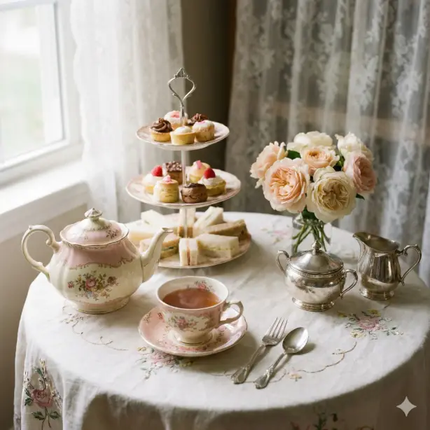 Create an intimate afternoon tea scene featuring a vintage floral china teapot in soft pink and cream patterns, matching teacup and saucer with steaming tea inside, three-tiered serving stand with small pastries and finger sandwiches, linen tablecloth with delicate embroidered edges, small vase of fresh garden roses in blush and cream, silver sugar bowl and creamer set nearby, soft diffused window light coming from the left creating gentle highlights on the porcelain, lace curtains visible in the soft-focus background, shot from a slightly elevated angle looking down at the arranged spread, elegant and nostalgic cottage-core aesthetic with a palette of soft pinks, creams, antique silver, and touches of green. Use aspect ratio 1:1.