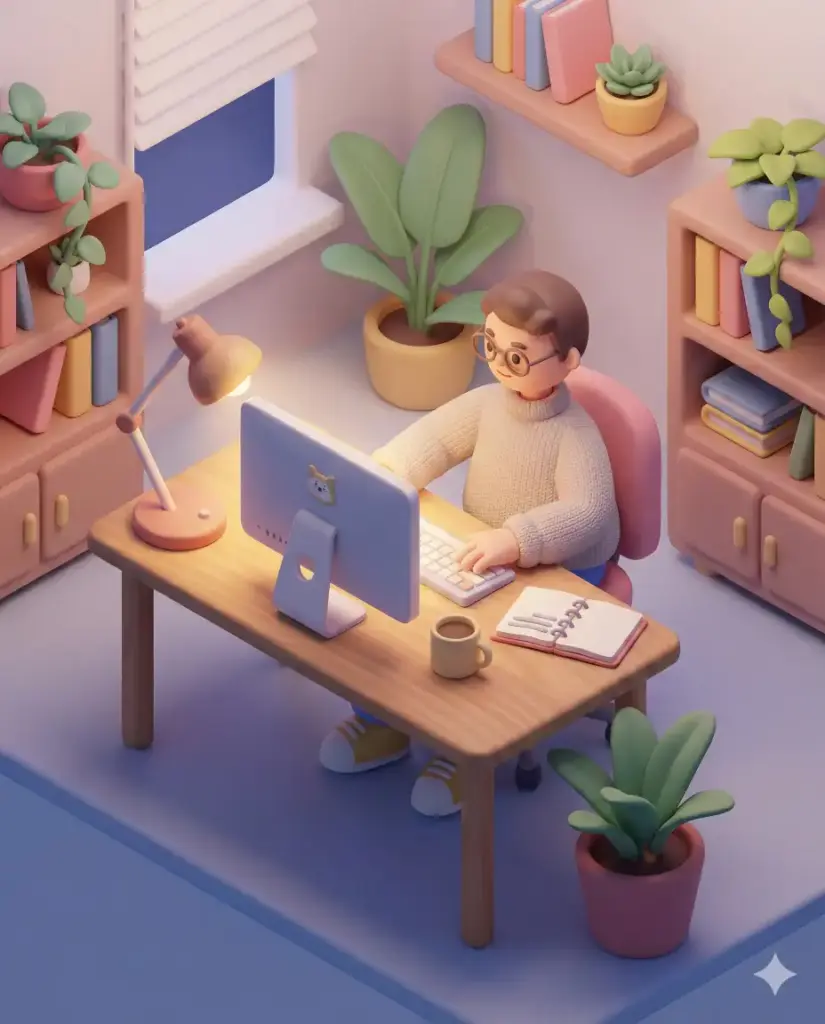 Create a cute 3D isometric illustration of a freelancer working late at night from a classic three-quarter top-down isometric angle, designed in a soft, playful miniature style inspired by trendy social media artwork. The scene uses smooth 3D forms with rounded edges, simplified shapes, and slightly exaggerated proportions, featuring a clay-like or soft plastic look with muted pastel tones and subtle gradients. Lighting is soft and diffused from above and slightly to one side, producing clean highlights and gentle shadows. Include a desk, glowing monitor, keyboard, mouse, notebook, coffee cup, warm desk lamp, bookshelves, and plants arranged neatly with clear spacing and visual balance, using minimal, polished textures for a modern feel. Keep the background simple with a minimal isometric room so the focus stays on the subject. The overall mood should feel cozy, friendly, and joyful, rendered in high quality with smooth edges, no noise, no realism, no complex textures, and no flat illustration style. Use aspect ratio 4:5.