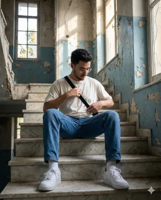 Create a cinematic lifestyle portrait of a young man seated casually on the edge of a worn marble staircase inside an abandoned, timeworn building. He sits slightly slouched, looking down as he adjusts the strap of a crossbody bag, captured in a quiet, introspective moment. His posture feels natural and unposed, emphasizing realism and everyday authenticity. He has short, dark hair styled naturally, light facial hair, and wears clear or thin-framed glasses that add a thoughtful, understated character. His outfit is relaxed and contemporary: an off-white t-shirt with classic blue denim jeans, white socks, and clean white sneakers. A black crossbody bag cuts diagonally across his torso, reinforcing a modern, urban-traveler aesthetic. The environment is rich with texture and history: peeling blue paint on cracked walls, exposed wooden ceiling beams, chipped plaster, and aged architectural details. Soft daylight streams in through tall, old windows, illuminating dust, textures, and imperfections while casting gentle shadows. The color palette is muted and earthy, creating a nostalgic, cinematic mood. Lighting is entirely natural, moody yet soft, with a shallow depth of field that keeps the subject sharp while allowing the background to feel atmospheric and immersive. Use 4:5 aspect ratio.