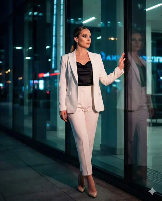 Create a stylish night city lifestyle photo of an adult woman standing beside a glass skyscraper wall, straight posture with one hand lightly touching the glass surface, wearing a fitted white blazer over a black satin top, high-waisted trousers, pointed heels, sleek low ponytail, bold eye makeup, reflections of neon lights on the glass, sharp city reflections framing her silhouette, premium fashion editorial look. Use aspect ratio 4:5.