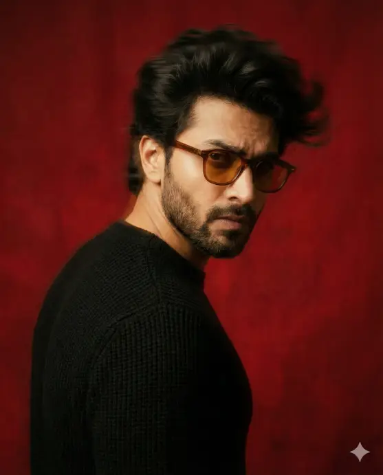 Create a dramatic, stylized portrait of a fashionable man captured from the chest up, turned slightly away from the camera while looking back over his shoulder with an intense, confident expression. His posture feels dynamic and effortless, suggesting movement, as if caught mid-turn. He has thick, textured dark hair styled with volume and controlled messiness, paired with a well-groomed full beard. He wears modern amber-tinted sunglasses with a translucent brown frame, adding a bold, contemporary edge. His outfit is minimal and sleek: a fitted black textured knit sweater that contrasts sharply with the background. The backdrop is a rich, deep red surface with subtle imperfections and texture, creating a bold, high-impact color field. There is slight motion blur around the hair and edges of the subject, adding energy and a cinematic sense of movement. Lighting is directional and moody, casting soft shadows across the face while highlighting facial structure and hair texture. Colors are warm and saturated, with strong contrast between the red background and the dark clothing. Use aspect ratio 4:5.