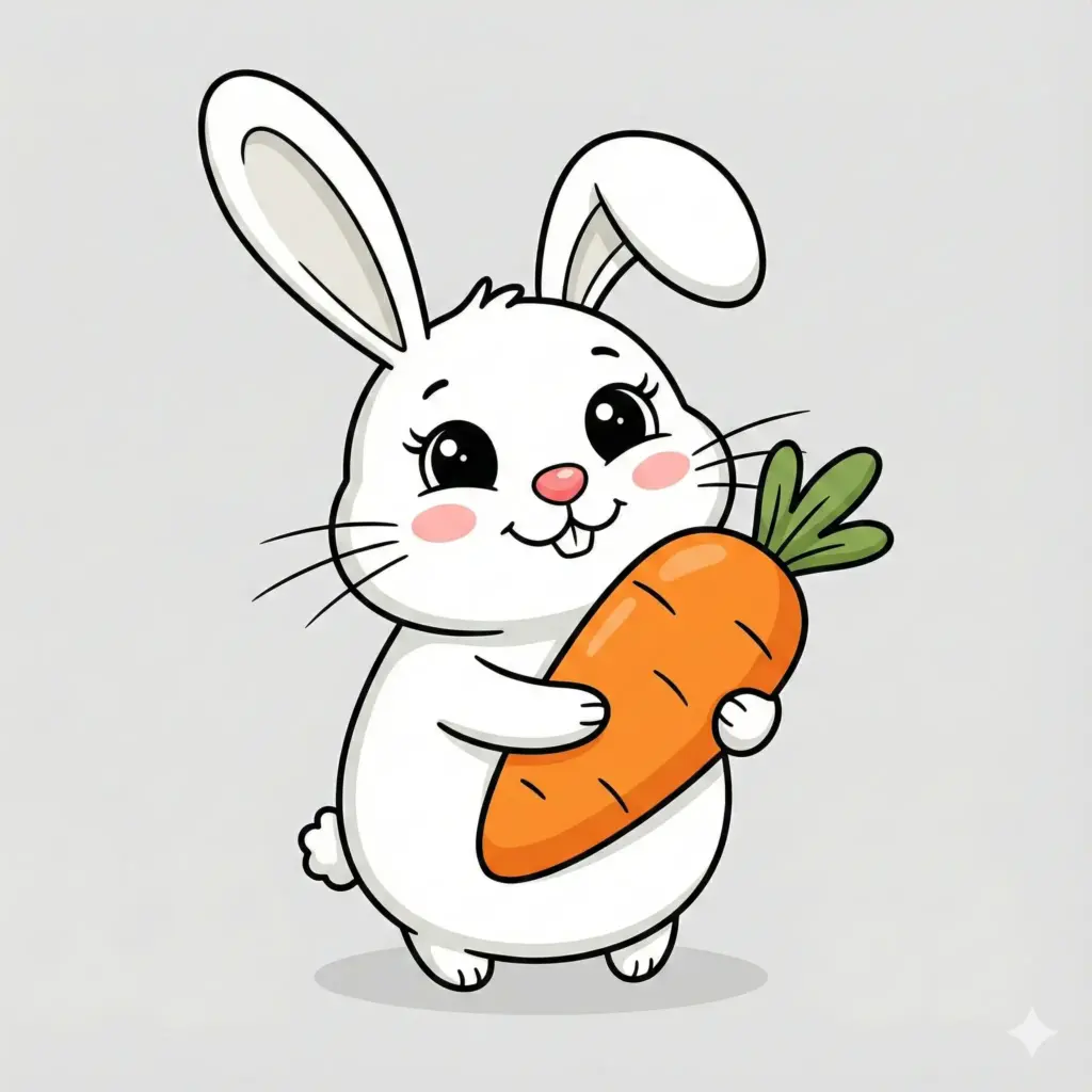 Create a cute cartoon bunny character standing upright and hugging a large carrot. The bunny has a rounded, chubby body with simple proportions and a soft, friendly silhouette. Its fur is pure white with smooth, flat coloring and subtle shading. The bunny's face features oversized, glossy black eyes with long curved eyelashes, rosy pink blush on its cheeks, a tiny rounded nose, and a small open smile showing two buck teeth. Thin whiskers extend gently from both cheeks. The ears are long and upright, slightly asymmetrical, with soft inner ear lines. The bunny holds a bright orange carrot with both arms; the carrot is plump and rounded with simple line details and leafy green tops. The character stands on small feet with a tiny fluffy tail visible behind. The illustration uses bold black outlines, minimal shading, and a clean light-gray or white background. The overall style is kawaii, child-friendly, and playful. Use aspect ratio 1:1.