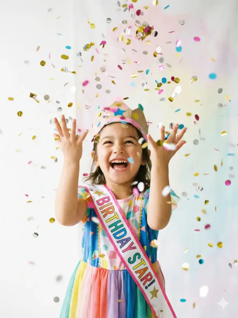Create a dynamic, joyous photograph of a child mid-laugh as colorful confetti rains down around them. The child's hands are raised in celebration, catching pieces of glittering confetti in gold, silver, pink, and blue. They wear a festive outfit with a birthday sash or crown. The background is a clean, bright studio setting in soft white or pastel tones that makes the confetti pop with color. The image captures frozen motion, with individual confetti pieces sharply visible while maintaining beautiful bokeh on others. Natural, bright lighting emphasizes the child's genuine happiness. Use aspect ratio 3:4.