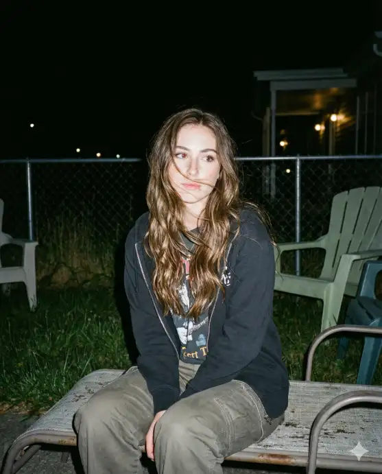 Create a portrait of this person with their original face unchanged, captured using a vintage 1990s disposable camera aesthetic with direct front flash. The subject has windswept hair and a contemplative, soft expression while sitting on weathered patio furniture. They are wearing a zip-up hoodie over a concert tee with loose-fitting cargo pants. The setting is a suburban backyard at night with a chain-link fence, overgrown grass, plastic lawn chairs, and distant porch lights from neighboring houses creating faint bokeh. The harsh flash illuminates the subject against the pitch-black night sky, producing the stark contrast typical of nighttime disposable camera shots. The image has heavy film grain, cool undertones, slight red-eye, and an intimate snapshot quality. The overall mood evokes quiet summer nights, teenage solitude, and the melancholic beauty of 90s suburban life. Use aspect ratio 4:5.