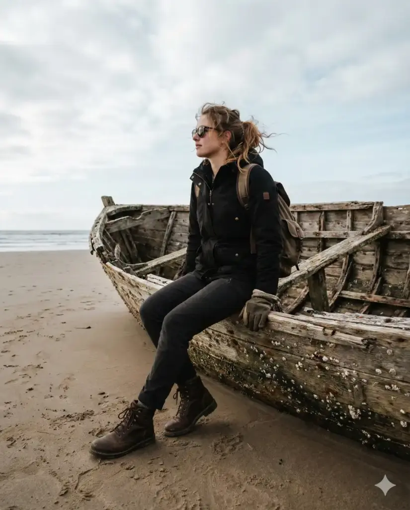 Create a photorealistic cinematic outdoor portrait of a young woman seated casually on a weathered, partially broken wooden boat resting on a quiet sandy beach. She is captured in a wide, slightly low-angle composition, sitting with one leg bent and the other relaxed, turning her head to look thoughtfully toward the horizon on her left. She wears a fitted black jacket, dark pants, and sturdy boots, giving the scene a rugged, travel-ready feel, with dark sunglasses adding a subtle edge. Her hair is pulled back loosely and slightly windblown, enhancing the raw, unposed mood. A backpack and gloves rest beside her on the boat, suggesting a journey or pause during exploration. The ocean stretches calmly behind her with a pale, overcast sky filling the upper frame, creating a muted, moody atmosphere. Lighting is natural and diffused, with soft shadows and realistic contrast, preserving texture in the sand, boat, and clothing. The overall mood is contemplative, adventurous, and quietly powerful, like a solitary moment of reflection by the sea. High resolution, realistic lens depth, true-to-life colors, no distortion, no text, no artifacts. Aspect ratio 4:5.