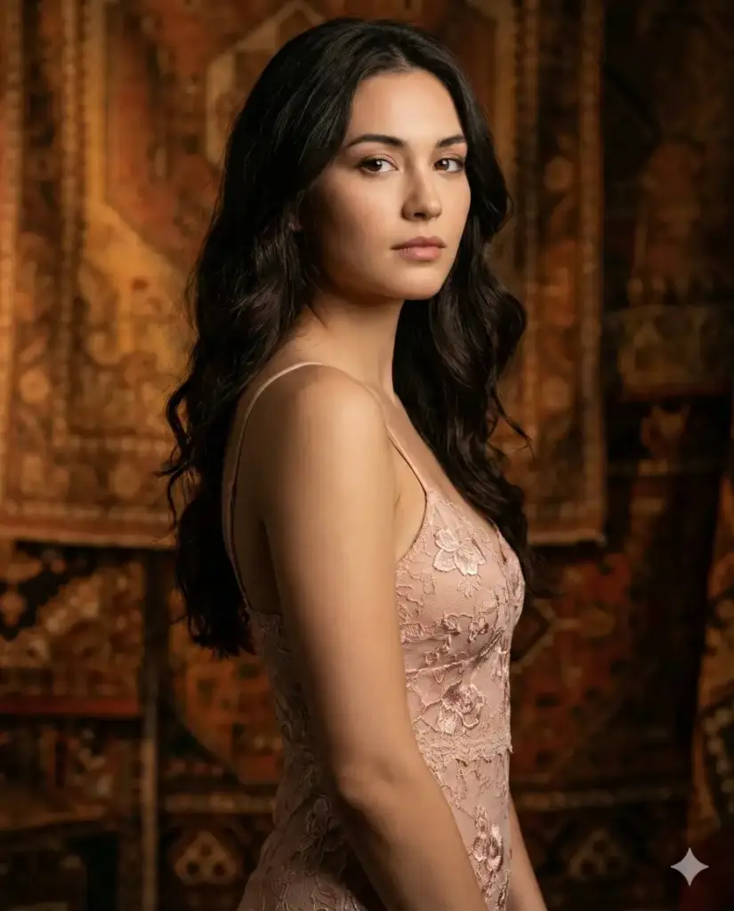 Create a photorealistic editorial portrait of a young woman captured from the waist up in a three-quarter side profile, standing close to a textured patterned backdrop in warm earthy tones. She turns her head slightly toward the camera, making soft eye contact with a calm, confident, and subtly intense expression. Her hair is long, dark, and smoothly styled with gentle volume, falling naturally over her shoulders. She wears a delicate blush-pink lace dress with thin straps and intricate floral detailing, fitted elegantly to her form without appearing stiff or artificial. Her makeup is polished yet natural, with softly defined eyes, warm blush, and muted lips, maintaining realistic skin texture and glow. Lighting is controlled and cinematic, with warm directional light sculpting her face, collarbone, and shoulders while creating gentle shadows that add depth and dimension. The background remains fully filled and textured, slightly darker than the subject to create contrast without distraction. The overall mood is refined, intimate, and high-fashion, resembling a magazine editorial portrait. High resolution, realistic lens depth, true-to-life colors, no distortion, no text, no artifacts. Aspect ratio 4:5.