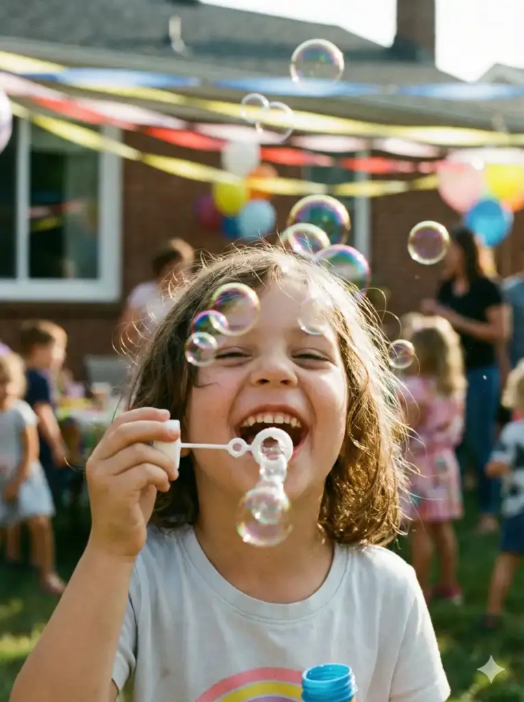Create a candid-style birthday photo of a child laughing while blowing bubbles during a birthday party. The bubbles float around the child, catching soft highlights from the light source. The background shows subtle party decorations with shallow depth of field. The lighting feels natural and playful, capturing a spontaneous birthday moment. Use aspect ratio 3:4.