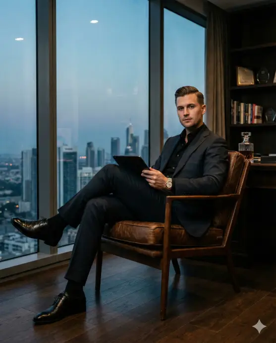 Create a luxury lifestyle portrait of a man seated in a leather chair inside a private office with floor-to-ceiling windows, relaxed authoritative posture with one arm on the armrest and the other holding a tablet, wearing a tailored dark suit with a black shirt, polished shoes, luxury watch, neatly styled hair, composed focused expression, moody indoor lighting, city skyline backdrop, cinematic executive photography, upscale Instagram mood. Use aspect ratio 4:5.